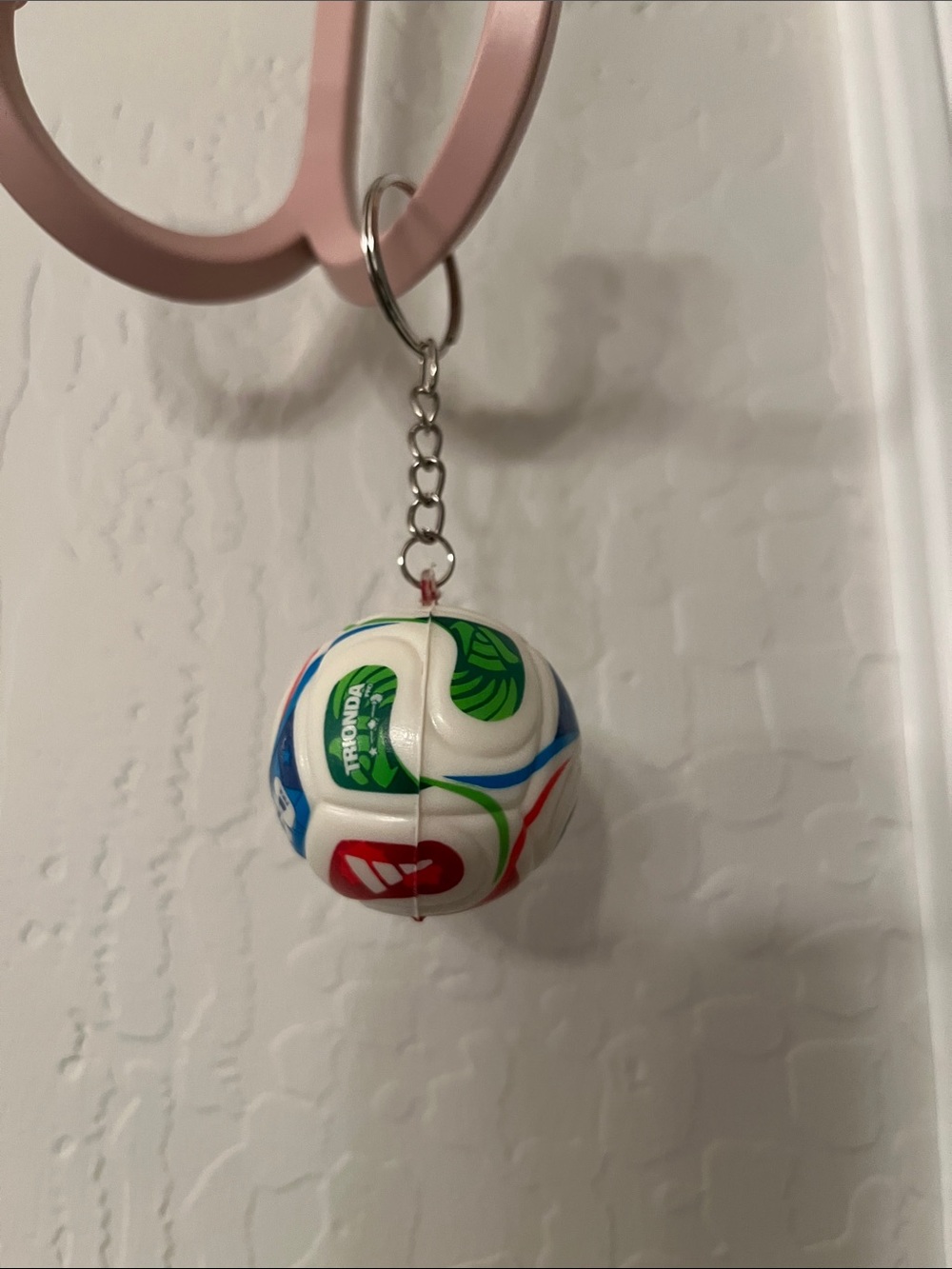 Mini World Cup  Soccer Ball Keychain in White with Multicolor Accents
